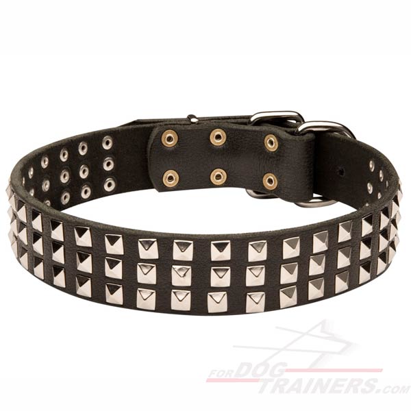 3 Rows Nickel Pyramids Leather Bullmastiff Dog Collar